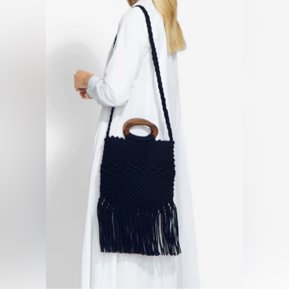 Danielle Nicole Macrame Fringe Purse Black Boho W… - image 1